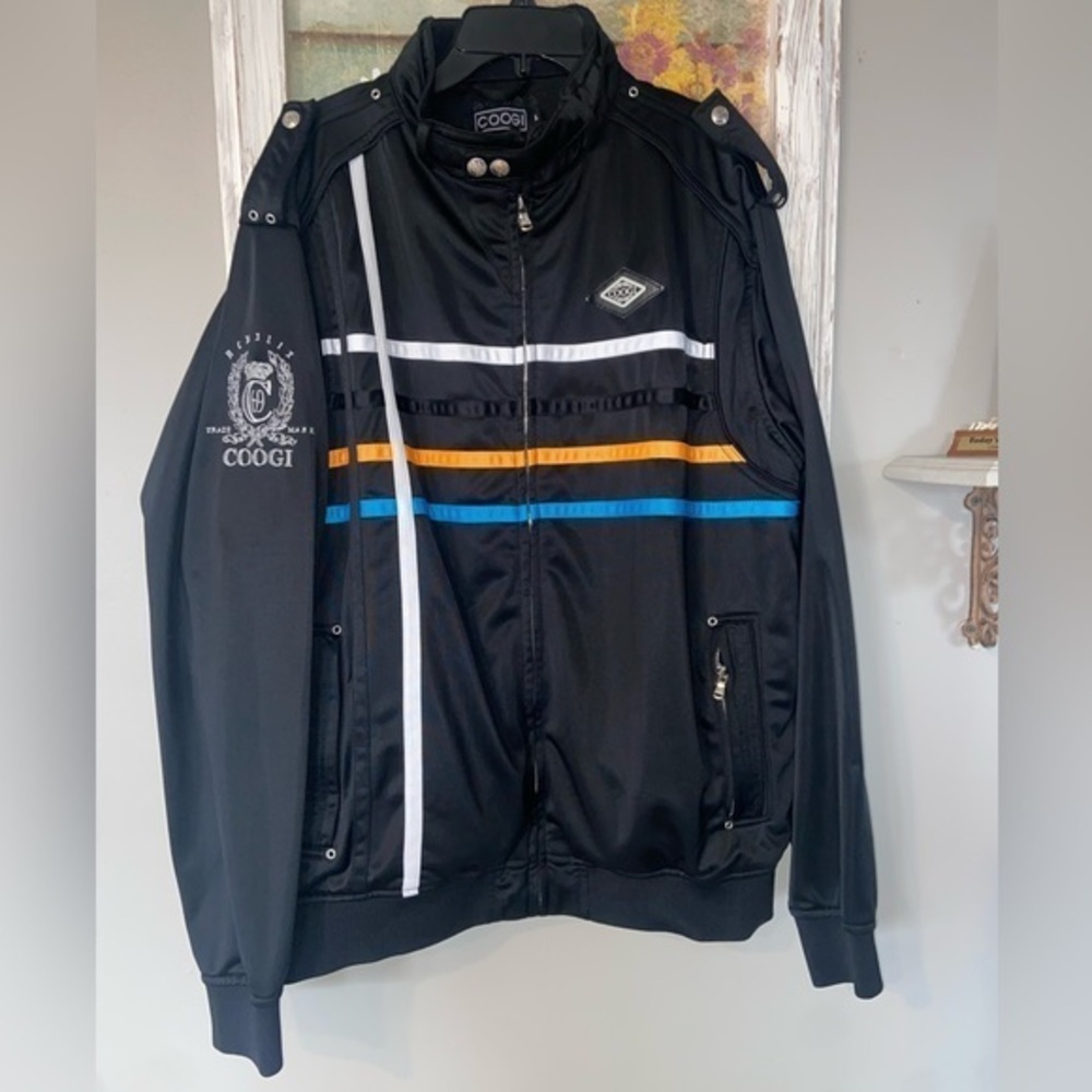 COOGI Black Full Zip Tab Neck Streetwear Track Jacket Hip Hop 90’s XL!